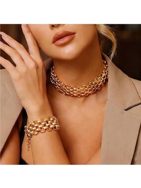 Gold Link Choker Necklace and Bracelet Set - Women Jewelry